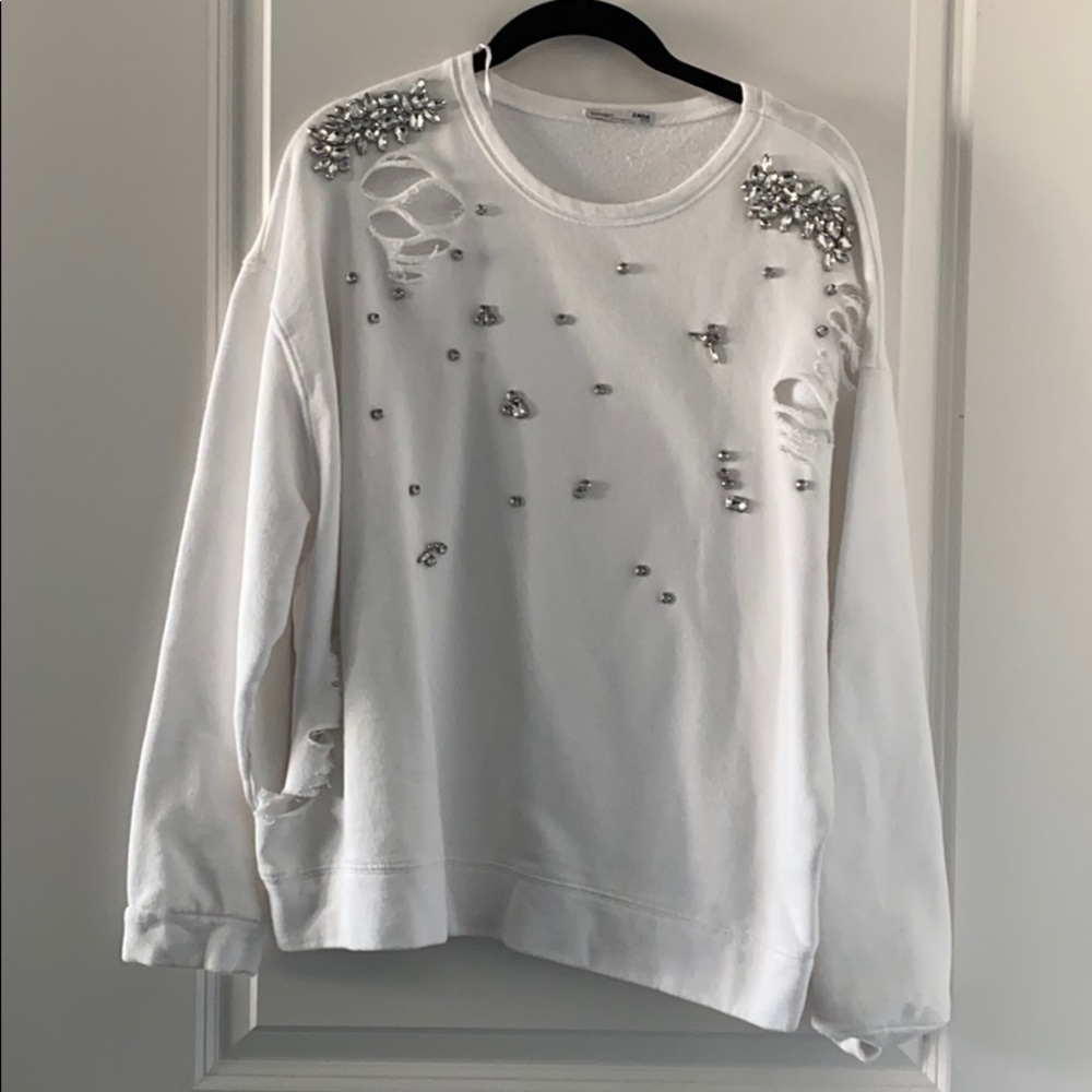 Zara White Embellished Distressed Crewneck Sweater